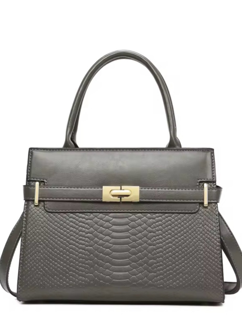 Structured Gray Top-Handle Faux Leather Satchel with Gold Hardware